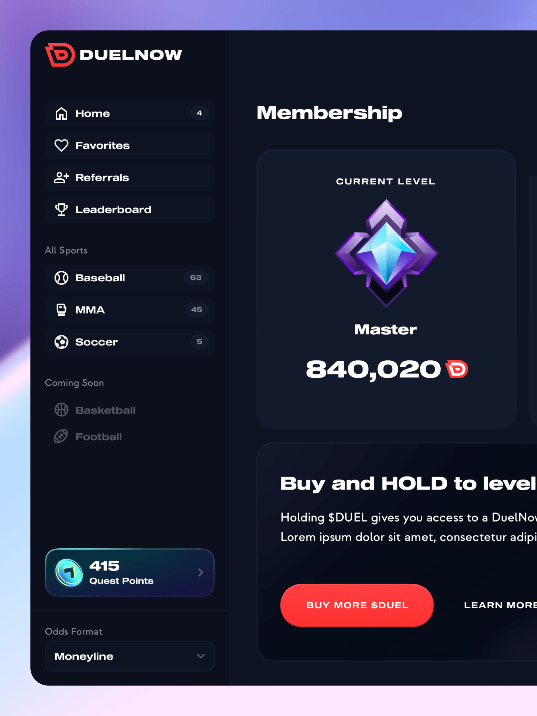 DuelNow current membership level dashboard