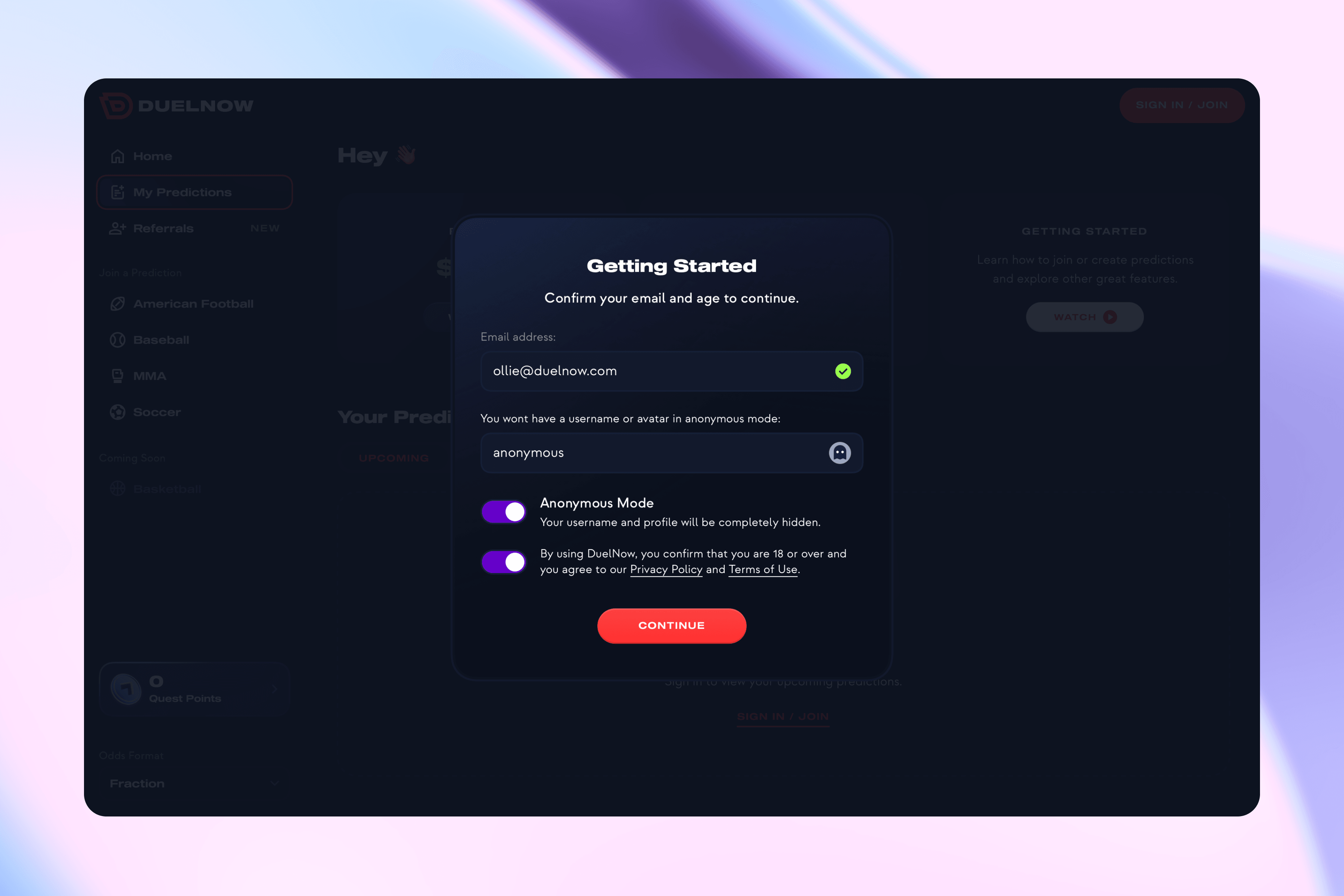 DuelNow getting started onboarding flow