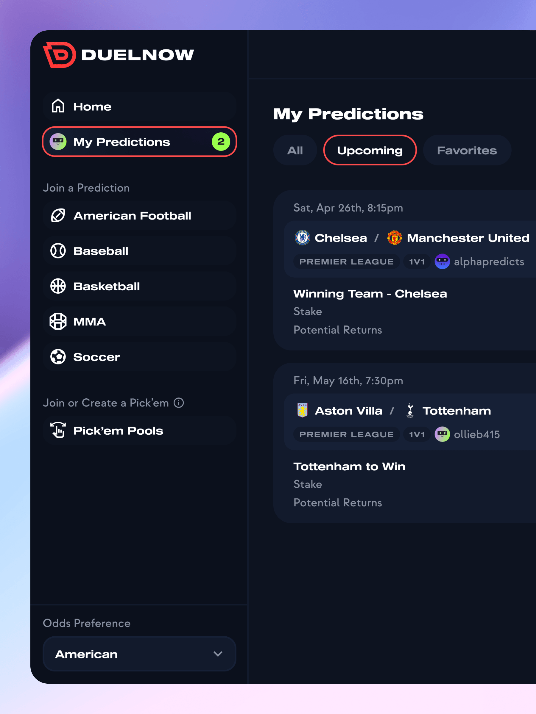 DuelNow my predictions dashboard