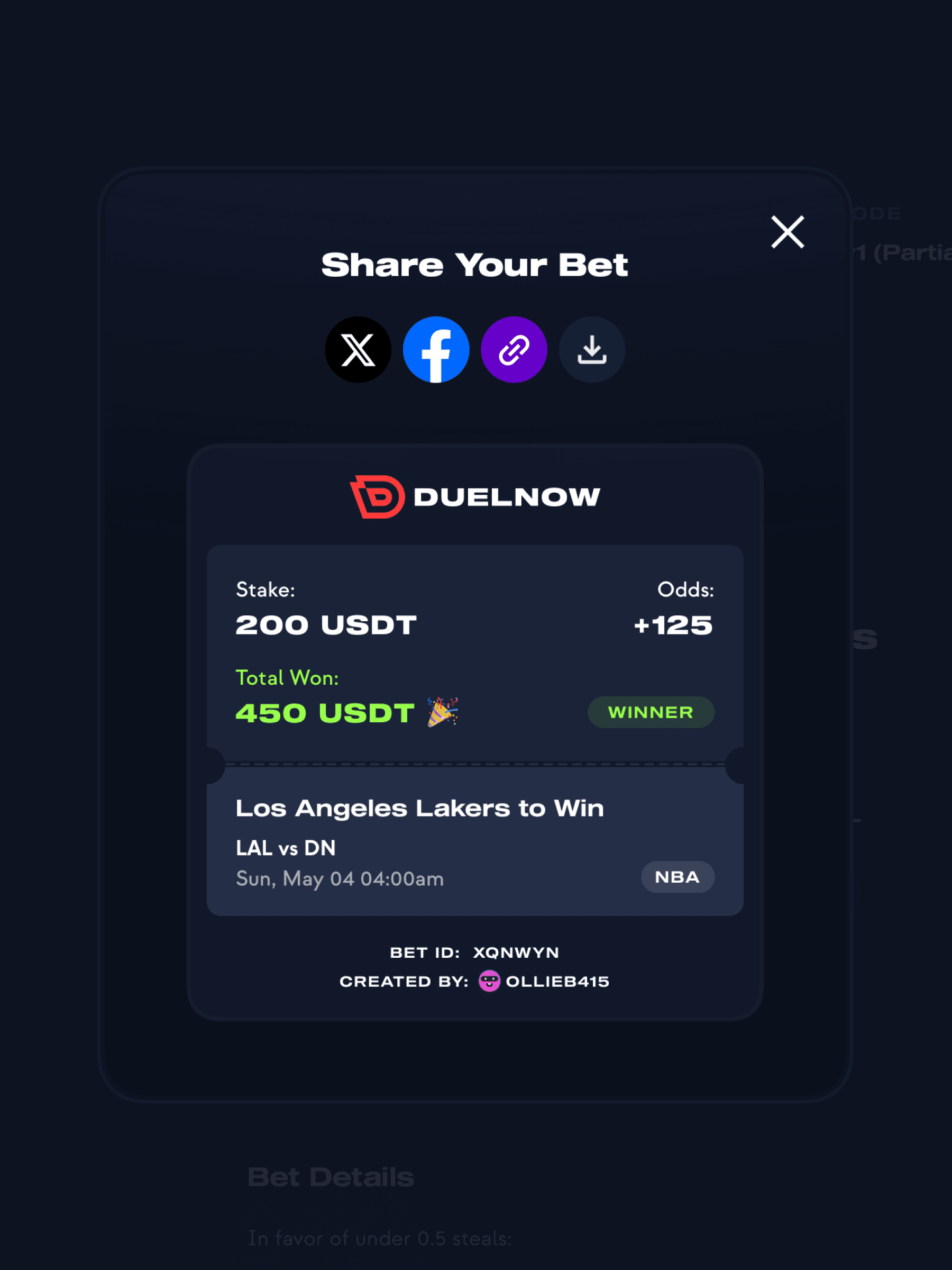 DuelNow share bet slip modal
