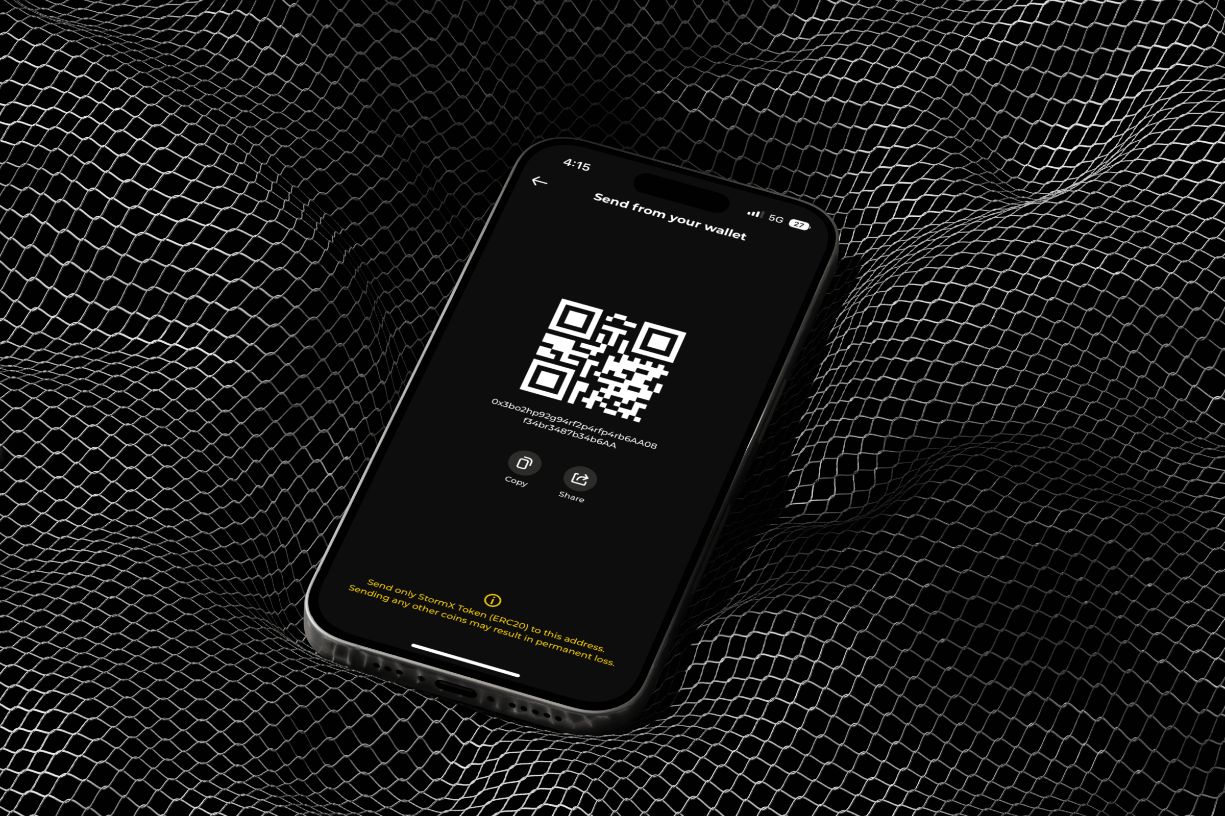 StormX card receive wallet QR code screen