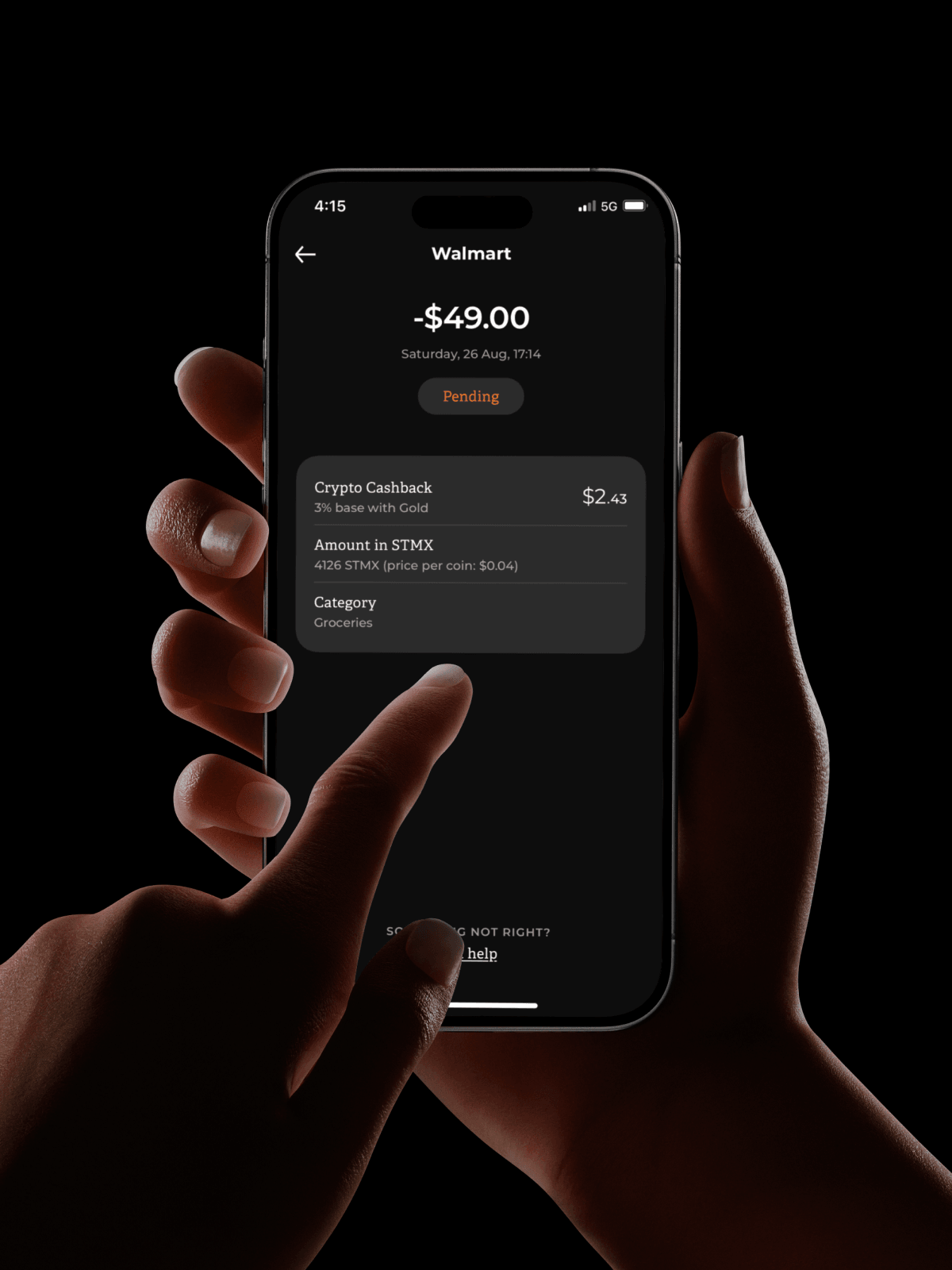 StormX card transaction success screen in dark mode
