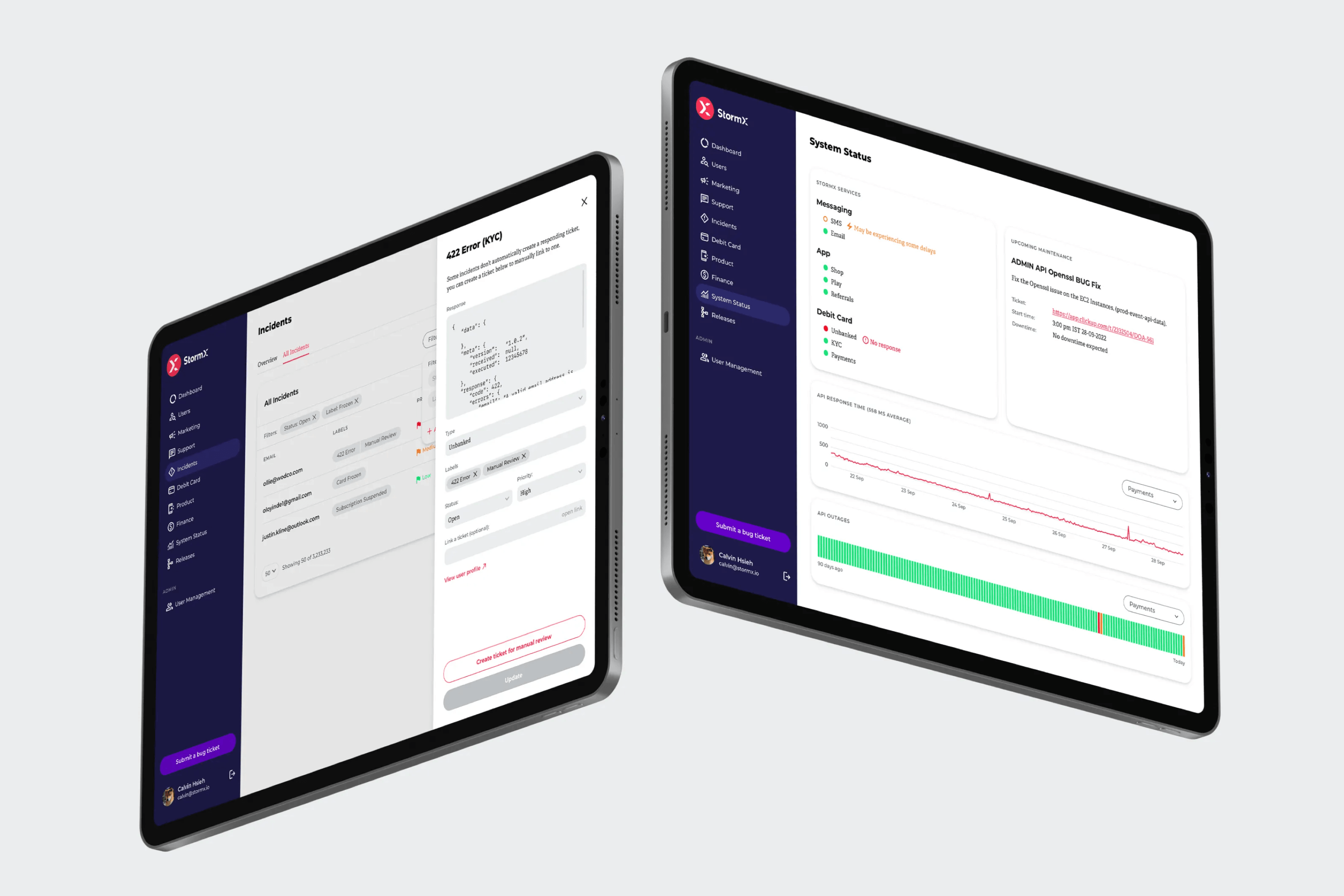 StormX card admin dashboard on iPad