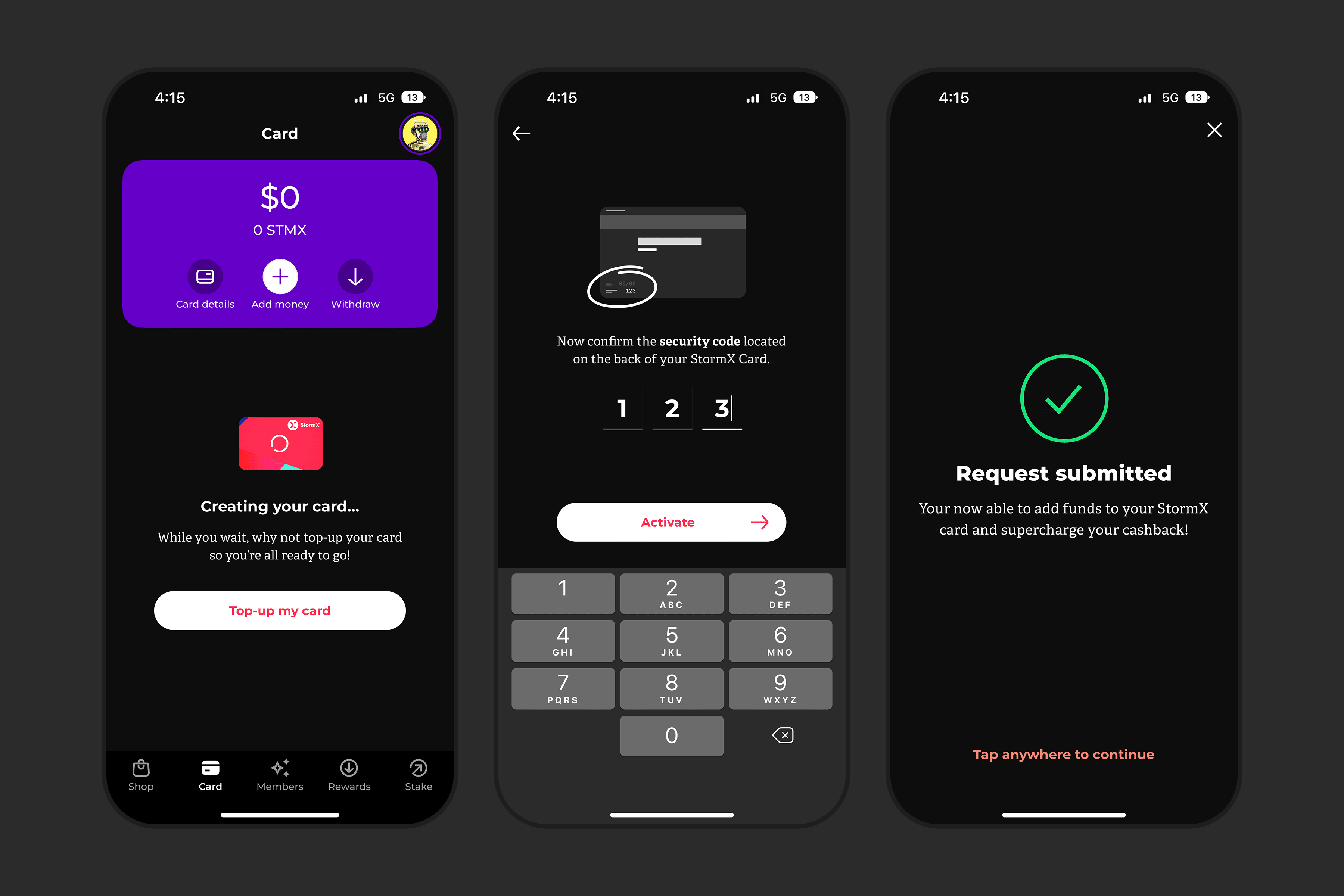 StormX card activation flow on mobile